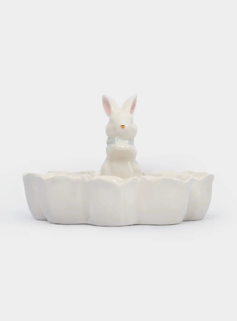 Блюдо пасхальное, 18х12 см, 8 отд, керамика, молочно-золотистое, Кролик в цветах, White Rabbit ,image-3