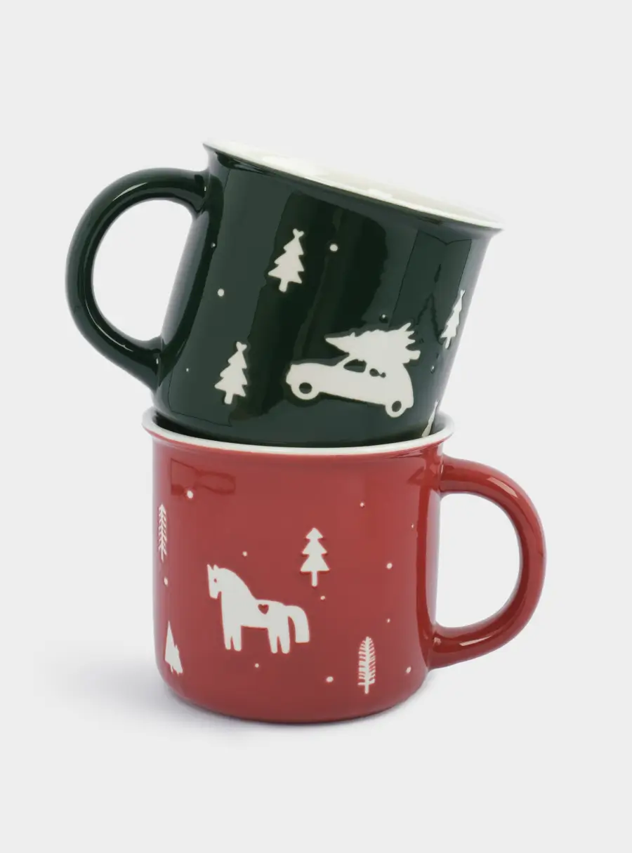 Кружка, 370 мл, 2 шт, фарфор N, зеленая/красная, Лошадь/Машина с елкой, Retro ,image-1
