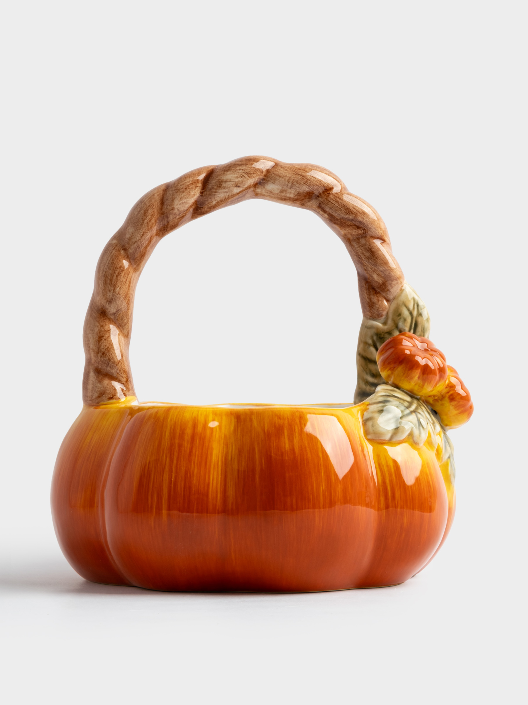 Конфетница, 21х21 см, с ручкой, керамика, оранжево-зеленая, Тыква, Bright pumpkin, image-1