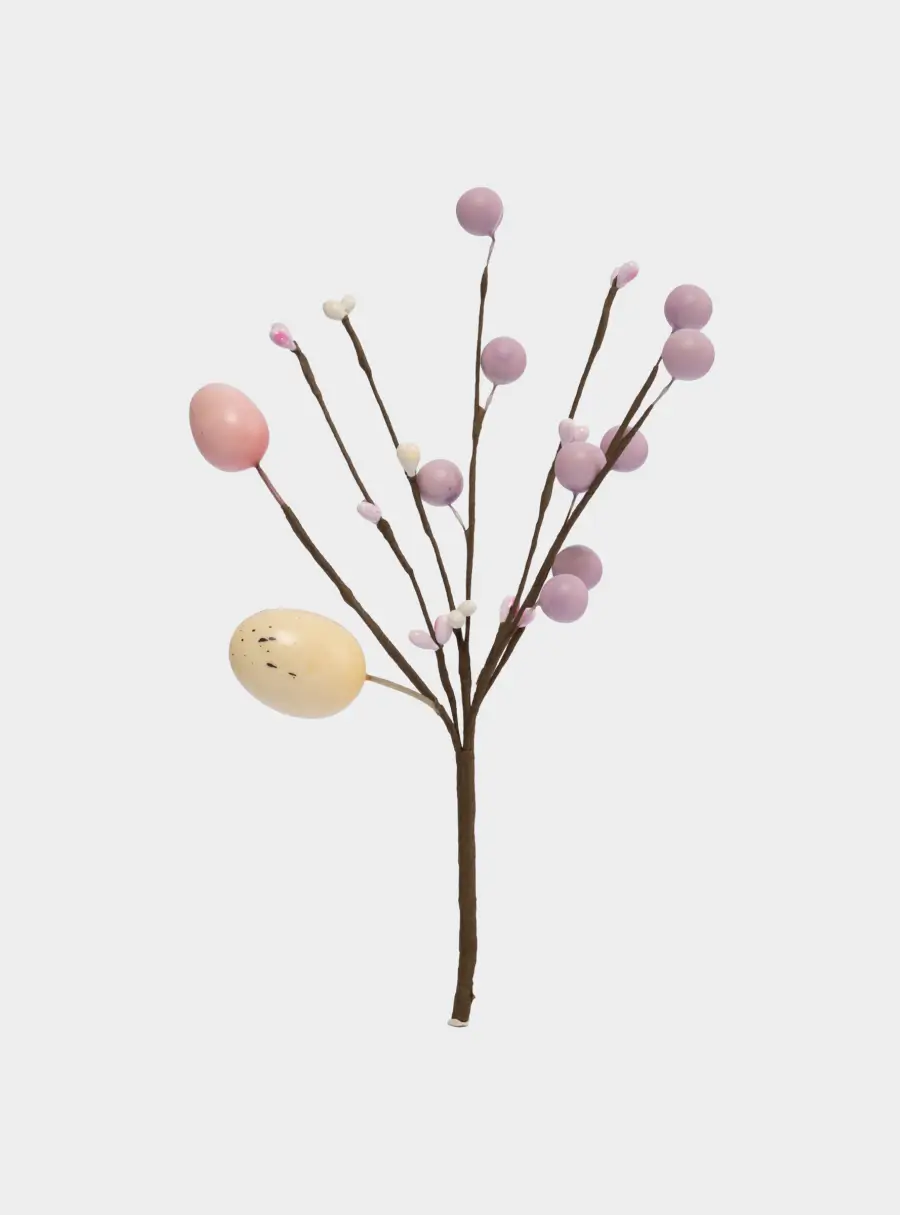 Ветка декоративная, 20 см, пенопласт/бумага, Ветка с розовыми яйцами, Interior Easter ,image-0