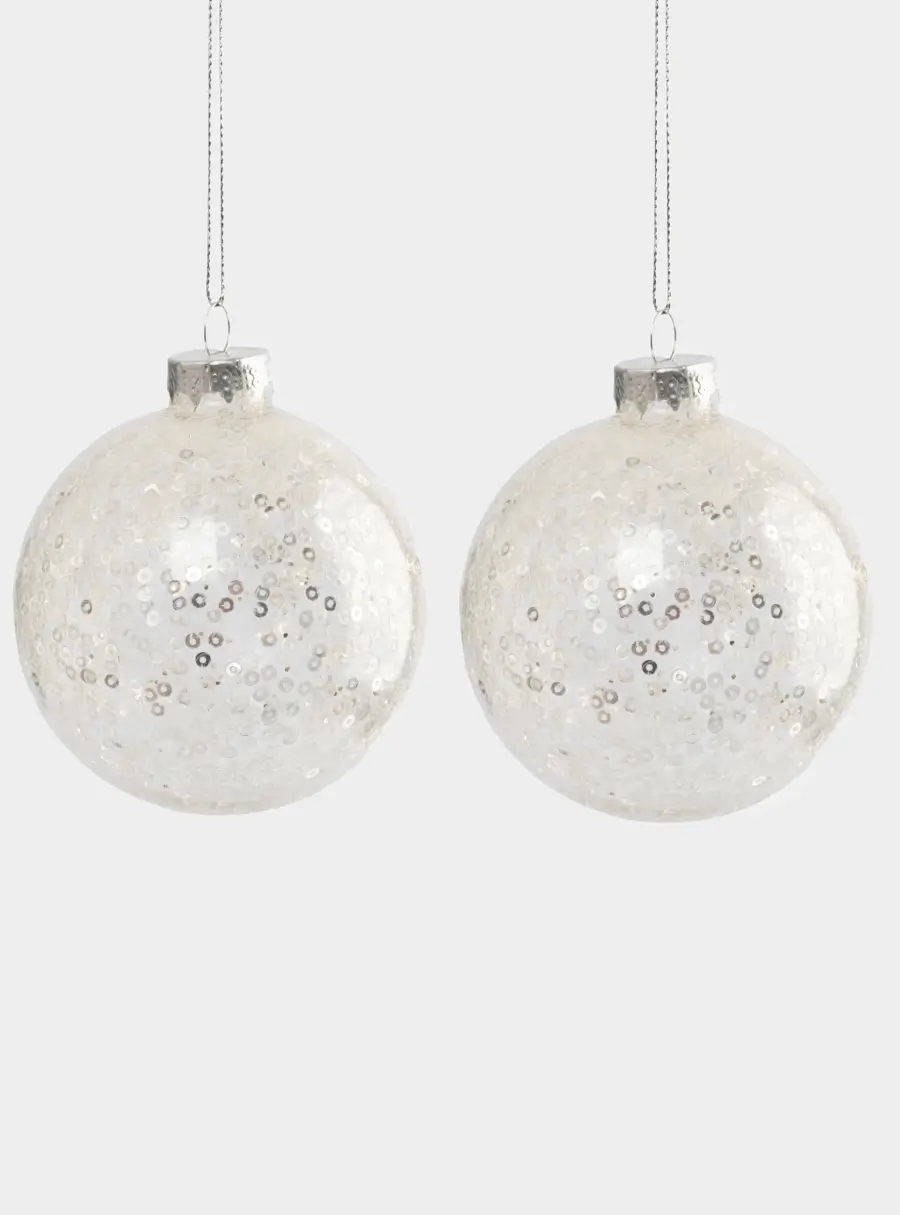 Игрушка елочная, 8 см, 2 шт, стекло/пайетки, серебристая, Шар с узором, New year
