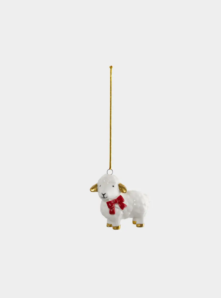 Игрушка елочная, 6 см, фарфор P, молочно-золотистая, Овечка с бантом, Sheep ,image-1