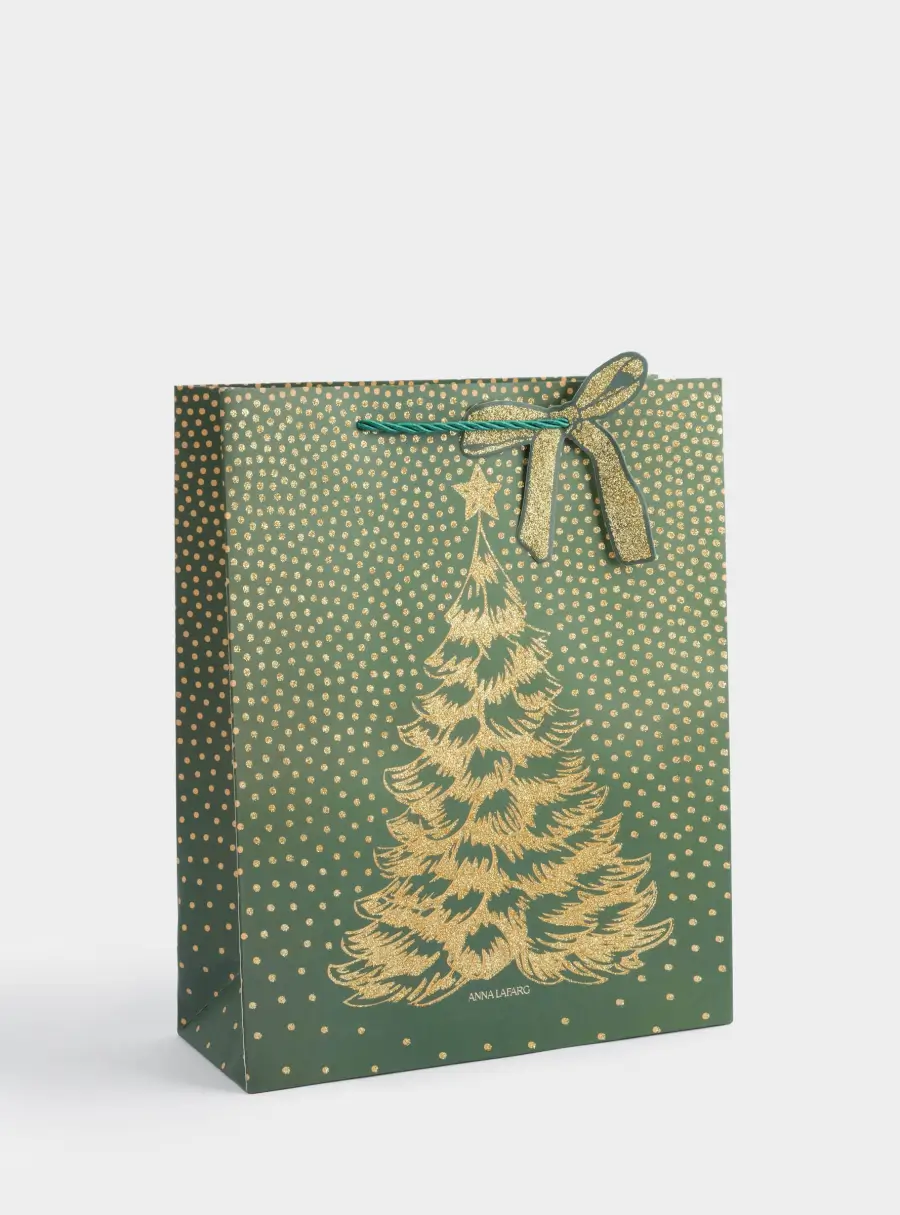 Пакет подарочный, 26х32 см, бумага, золотисто-зеленый, Елка, New year