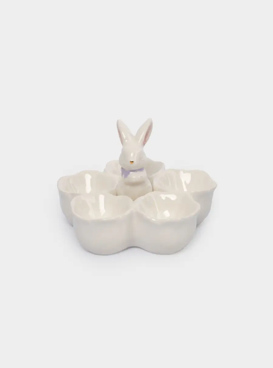 Блюдо пасхальное, 12х9 см, 5 отд, керамика, молочно-золотистое, Кролик в цветах, White Rabbit ,image-1