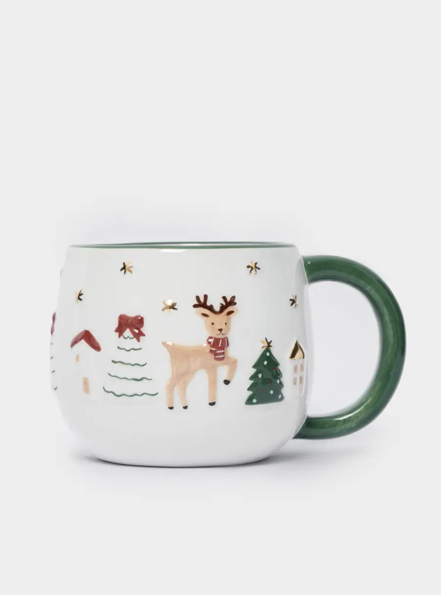 Кружка, 400 мл, 2 шт, керамика, зеленая/красная, Олень и Кот, New year, image-3