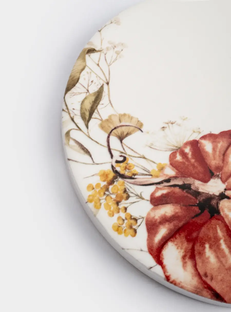 Подставка под кружку, 11 см, круглая, керамика/пробка, белая, Тыквы, Light pumpkin ,image-1