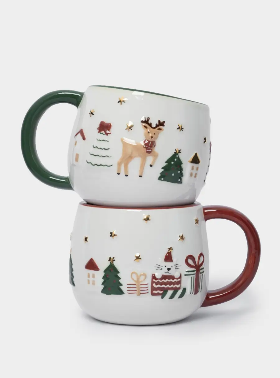 Кружка, 400 мл, 2 шт, керамика, зеленая/красная, Олень и Кот, New year