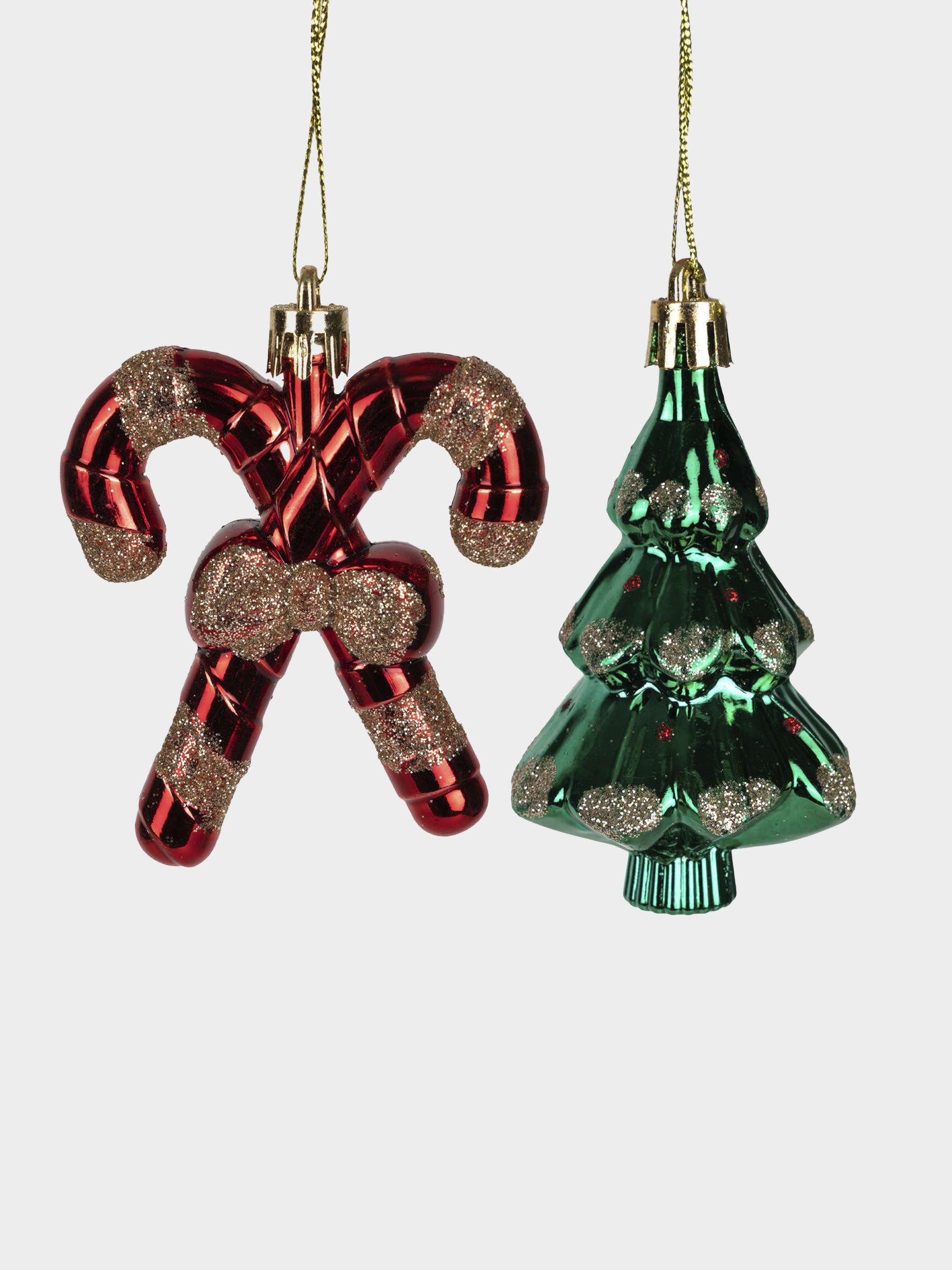 Набор елочных игрушек, 7 см, 2 шт, пластик, зеленый/красный, Елка и трость, New year, image-0