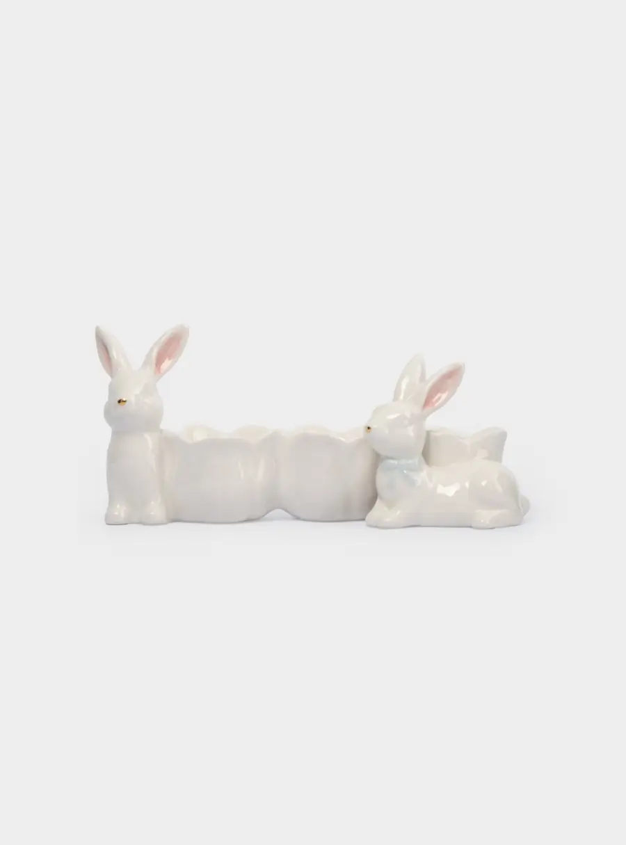 Блюдо пасхальное, 20х9 см, 3 отд, керамика, молочно-золотистое, Кролики с цветами, White Rabbit ,image-1