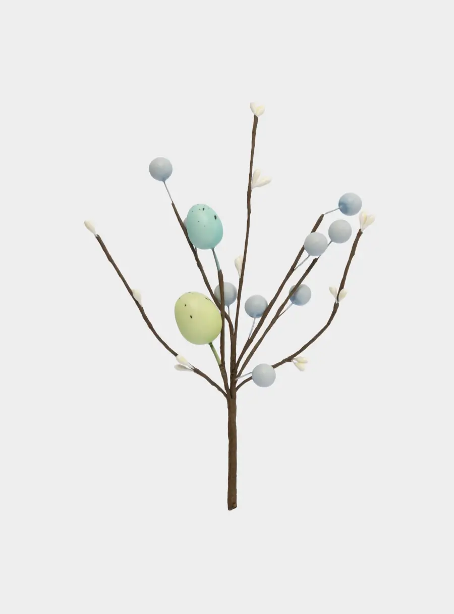 Ветка декоративная, 20 см, пенопласт/бумага, Ветка с зелеными яйцами, Interior Easter ,image-0