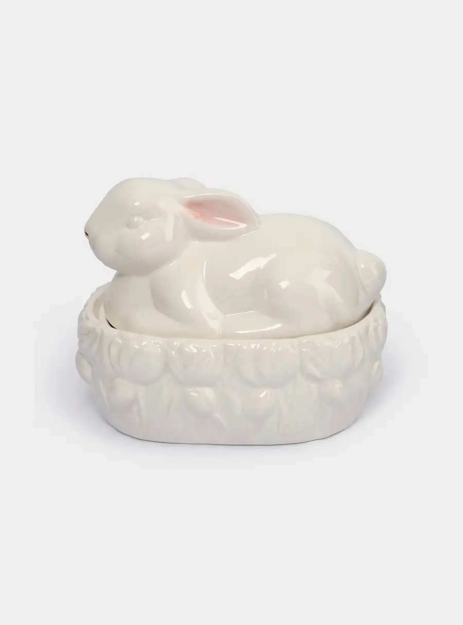 Емкость для хранения, 18х15 см, 740 мл, керамика, молочно-золотистая, Кролик в цветах, White Rabbit ,image-0