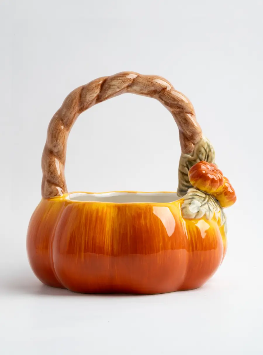 Конфетница, 21х21 см, с ручкой, керамика, оранжево-зеленая, Тыква, Bright pumpkin ,image-0