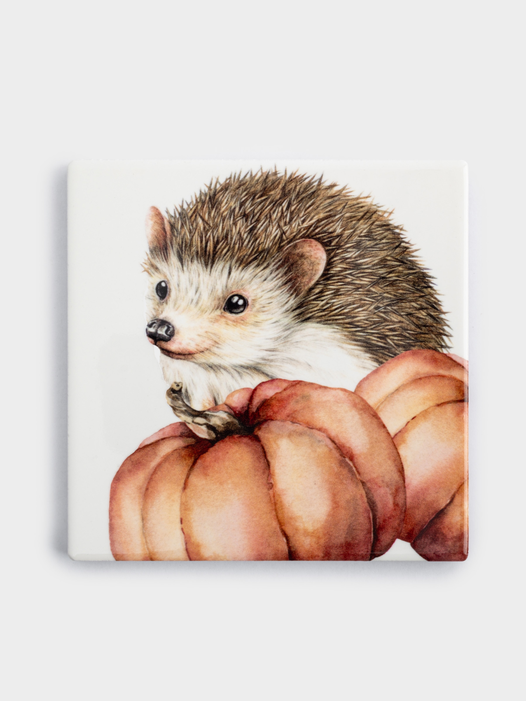 Подставка под кружку, 11 см, квадратная, керамика/пробка, белая, Еж Autumn forest, image-0