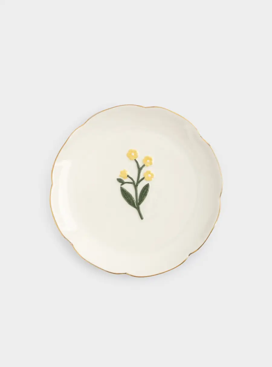 Тарелка десертная, 17 см, керамика, молочная, с золотистым кантом, Желтые цветы, Gentle flower ,image-1