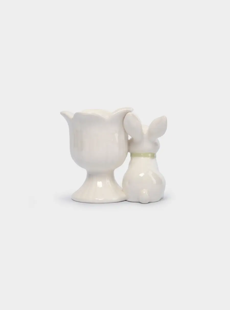 Подставка для яйца, 7 см, керамика, молочно-золотистая, Кролик с цветком, White Rabbit ,image-3