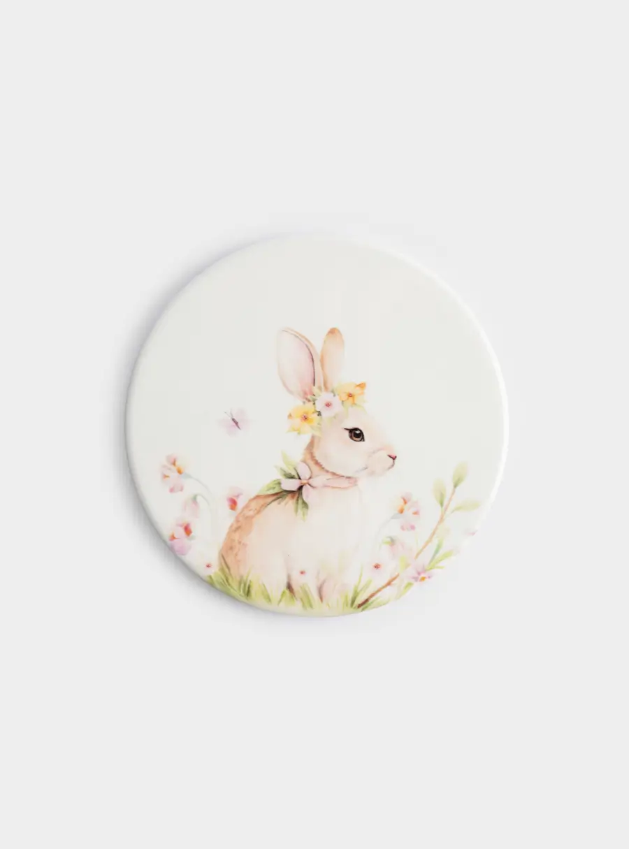 Подставка под кружку, 11 см, круглая, керамика/пробка, белая, Кролик с венком в цветах, Easter rabbit ,image-1