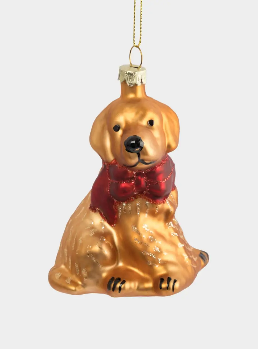 Игрушка елочная, 7х9 см, стекло, золотистая, Собака с бантом, New year ,image-1