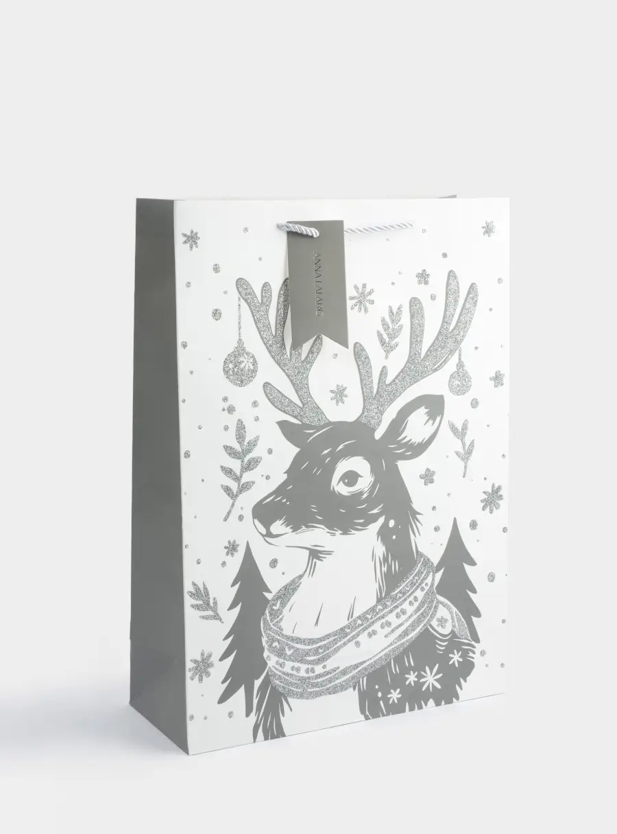 Пакет подарочный, 30х42 см, бумага, белый, Олень в шарфе, Maral grey