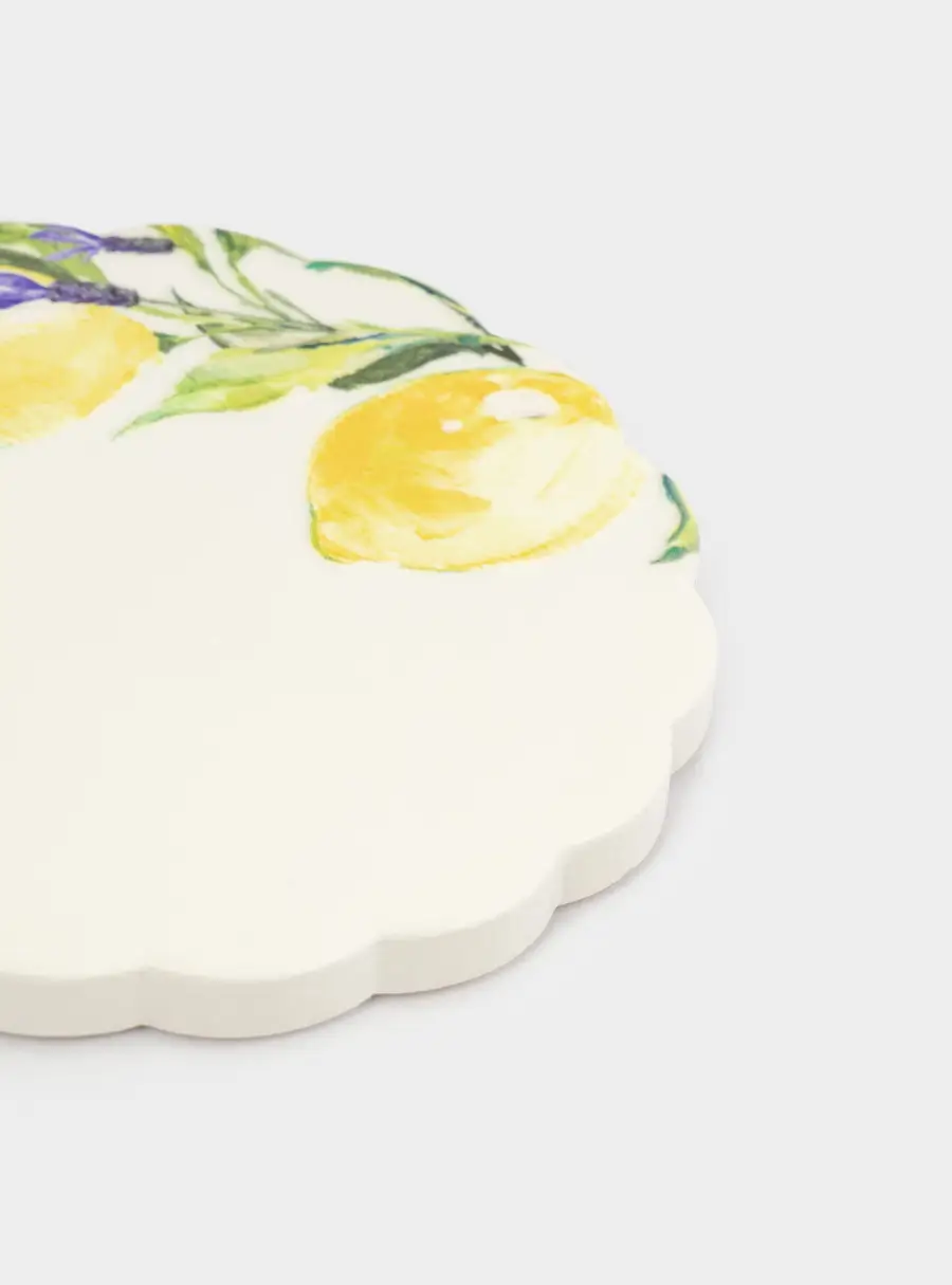 Подставка под кружку, 11 см, круглая, керамика/пробка, белая, Лимоны на ветке, Palermo ,image-2