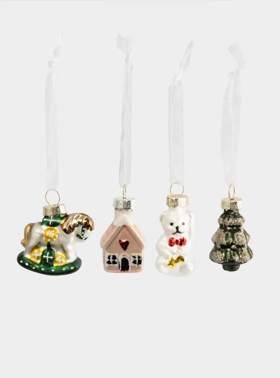 Набор елочных игрушек, 4 см, 4 шт, стекло, с блестками, Мишка/Домик/Лошадка/Елка, New year