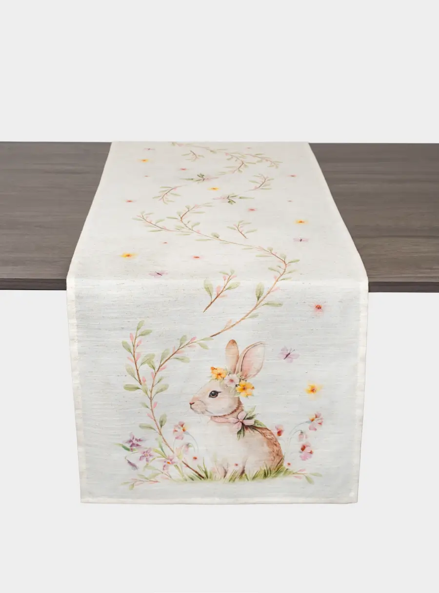 Дорожка настольная, 40х160 см, полиэстер/лен, бежевая, Кролик в цветах, Easter rabbit ,image-0