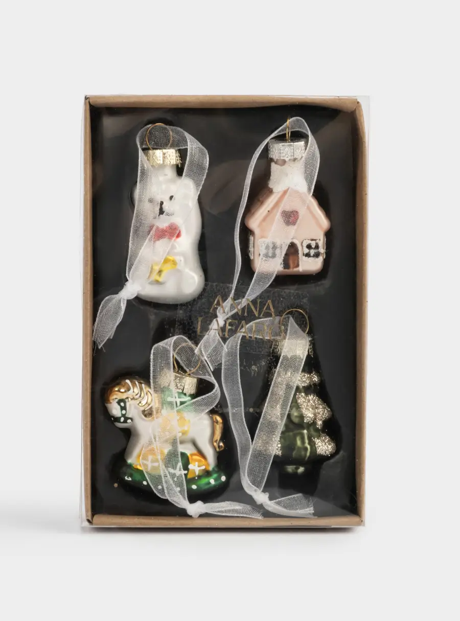 Набор елочных игрушек, 4 см, 4 шт, стекло, с блестками, Мишка/Домик/Лошадка/Елка, New year, image-5