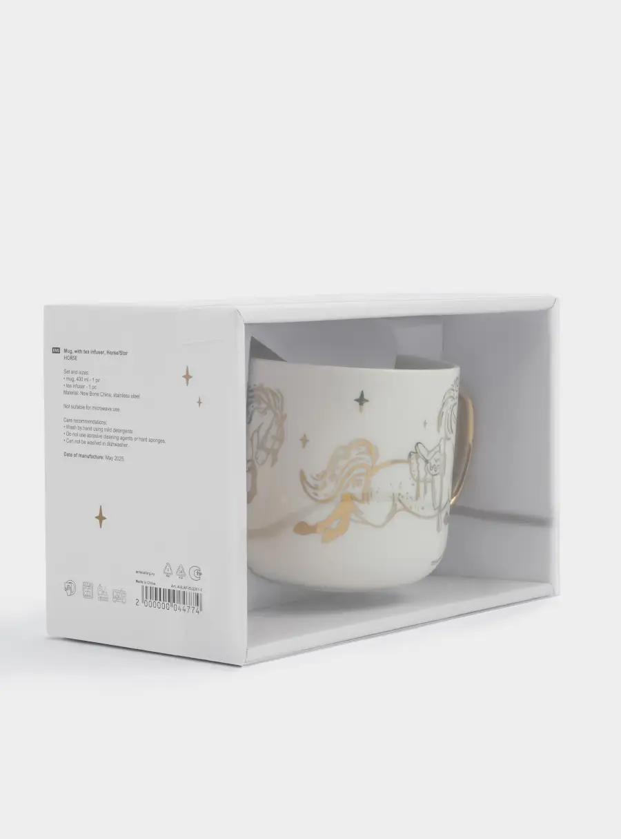 Кружка, 400 мл, с ситом для заваривания, фарфор N/сталь, золотистая, Лошадь/Звезда, Horse, image-6