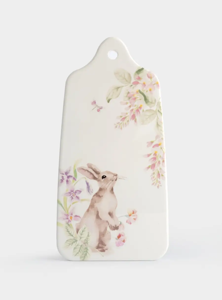Подставка под горячее, 14x28 см, керамика/пробка, белая, Кролик в цветах, Flower Rabbit ,image-0