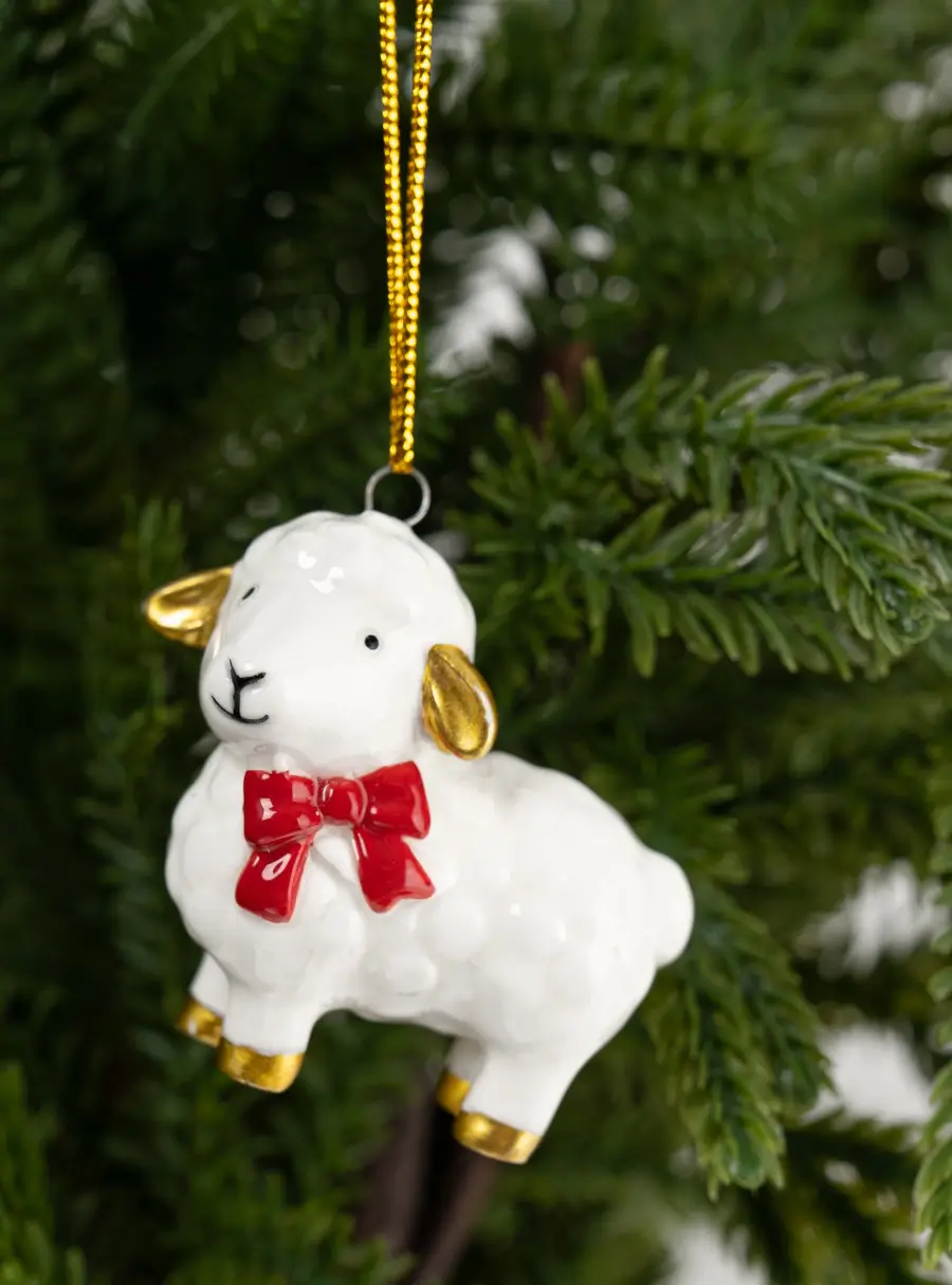 Игрушка елочная, 6 см, фарфор P, молочно-золотистая, Овечка с бантом, Sheep ,image-3