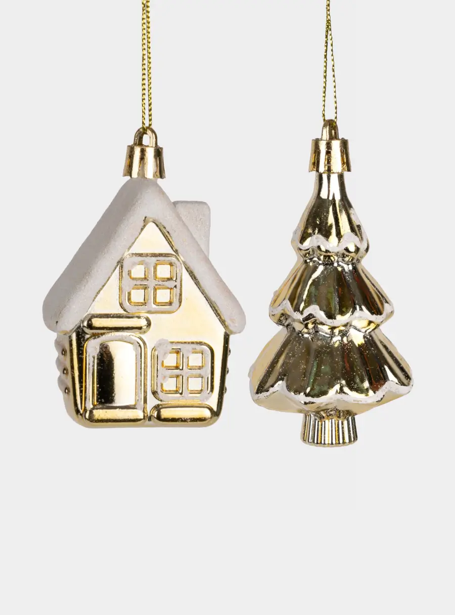Набор елочных игрушек, 7 см, 2 шт, пластик, серебристо-золотистый, Домик и елка, New year ,image-0