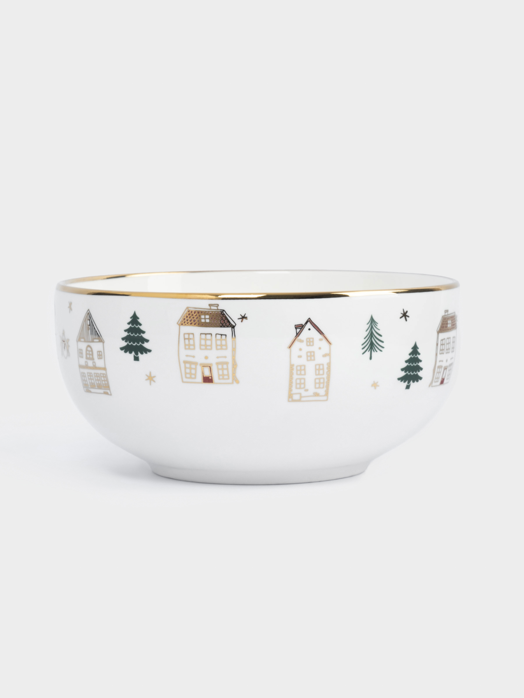Пиала, 14x7 см, фарфор N, бело-золотистая, Домики и ели, Townlet, image-0