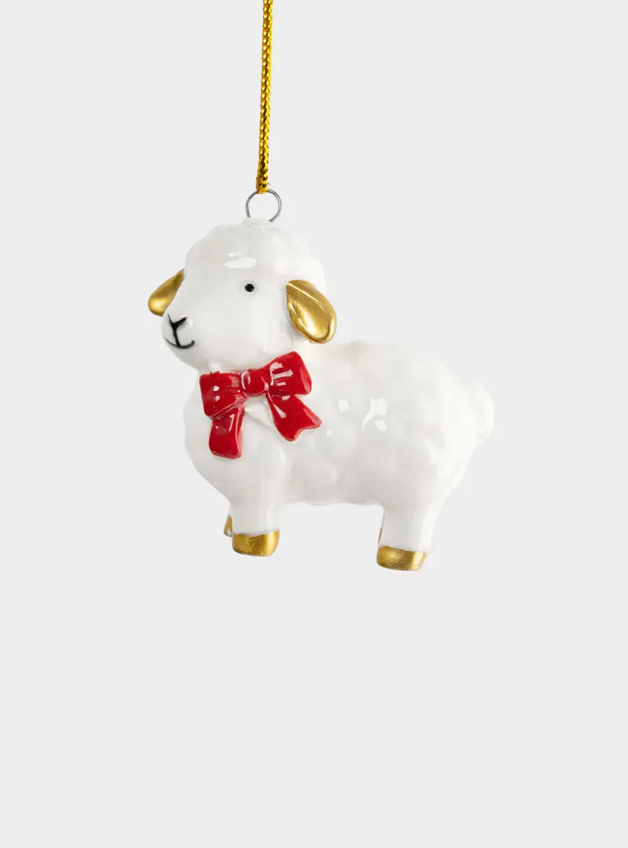 Игрушка елочная, 6 см, фарфор P, молочно-золотистая, Овечка с бантом, Sheep ,image-0