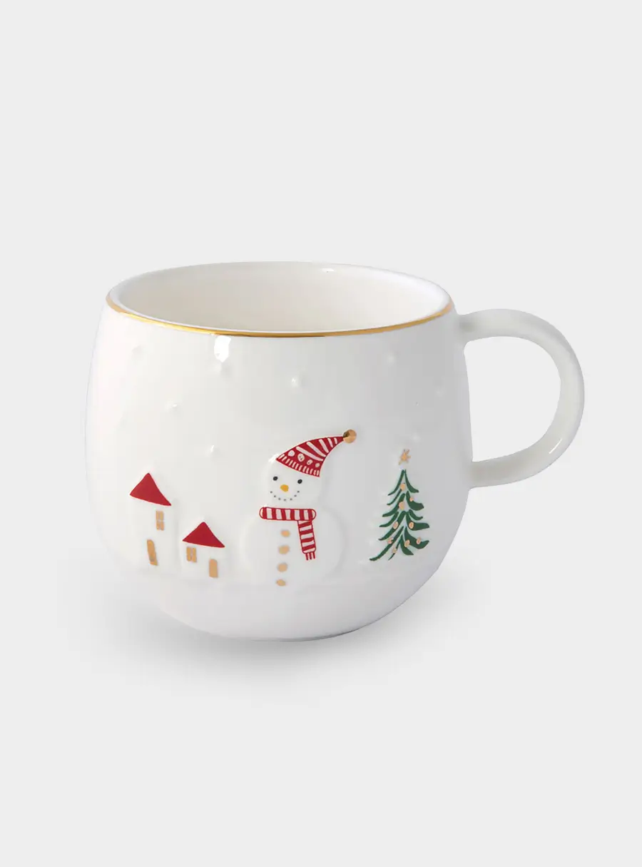 Кружка, 400 мл, фарфор P, белая, с золотым кантом, Снеговик, Let It Snow ,image-0