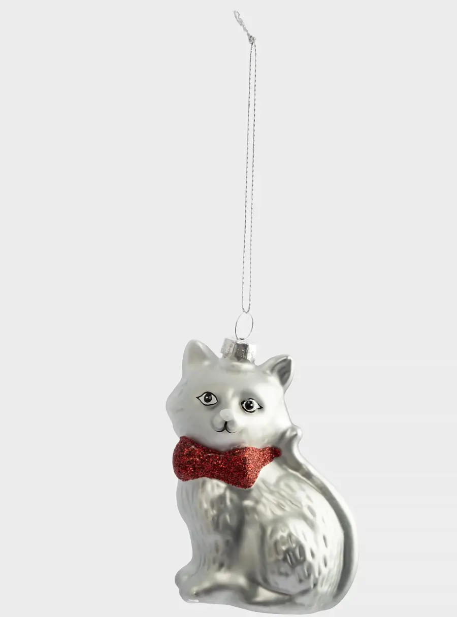 Игрушка елочная, 7х9 см, стекло, серебристая, Кошка, New year, image-1