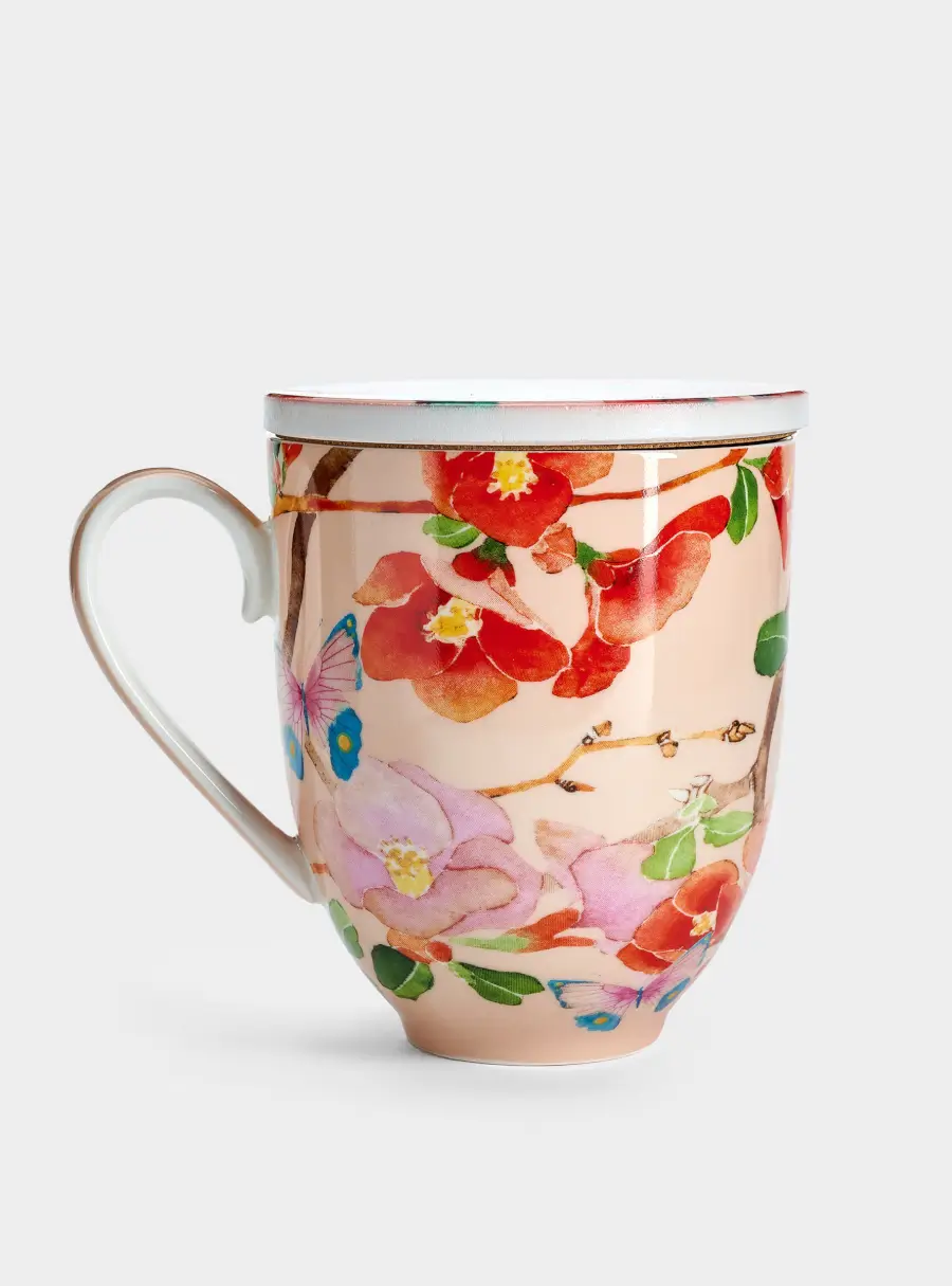 Кружка, 400 мл, с подставкой, Камелии на розовом ,image-1