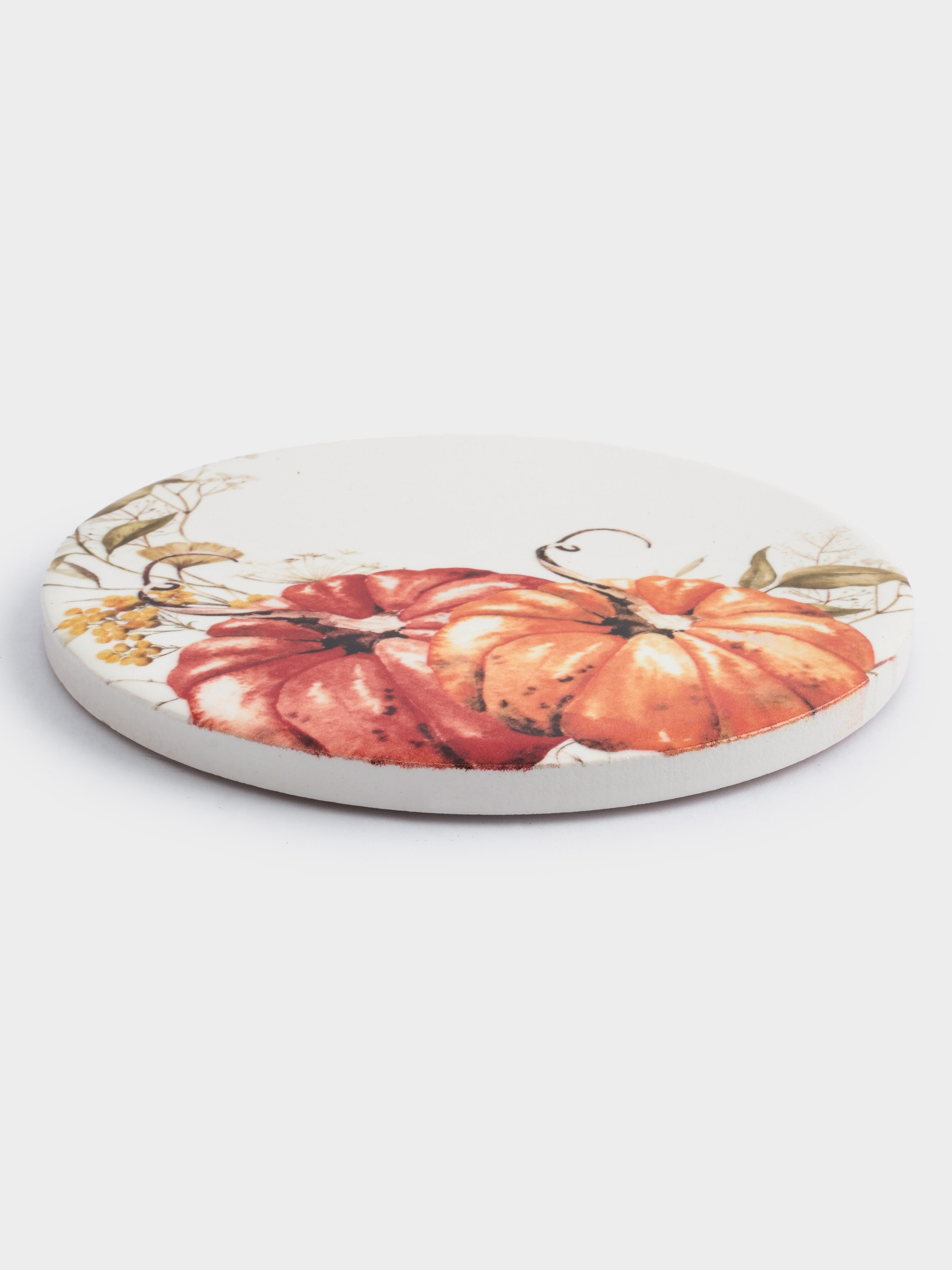 Подставка под кружку, 11 см, круглая, керамика/пробка, белая, Тыквы, Light pumpkin, image-2