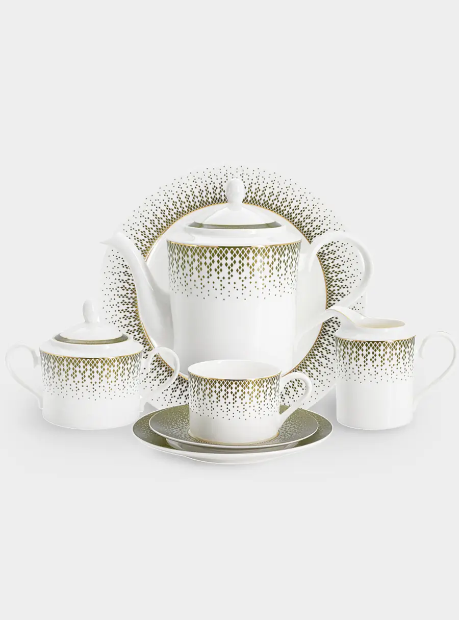 Сервиз чайный, 12 перс, 40 пр, фарфор F, бело-зеленый, с золотистым кантом, матовый, Virtus ,image-0