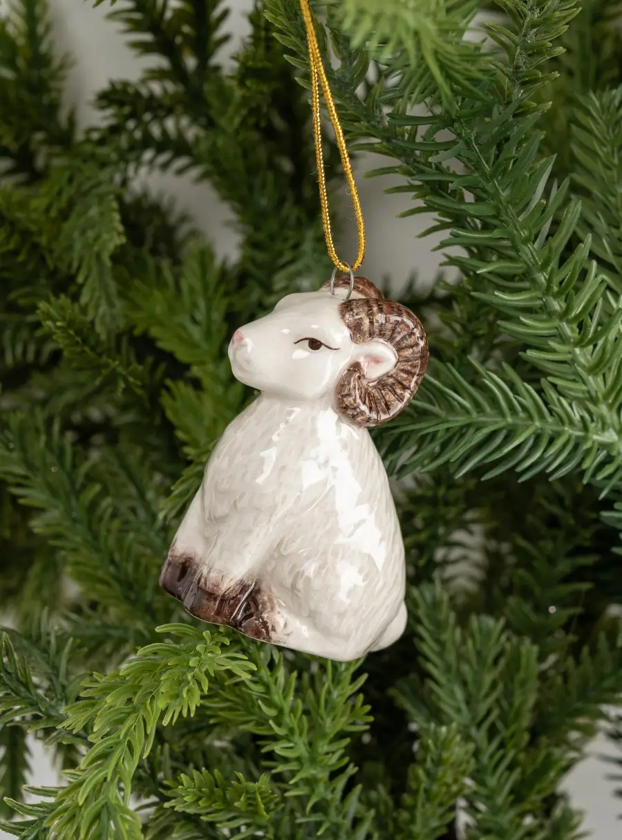 Игрушка елочная, 6 см, керамика D, бежево-золотистая, Баран с шаром, Sheep ,image-2
