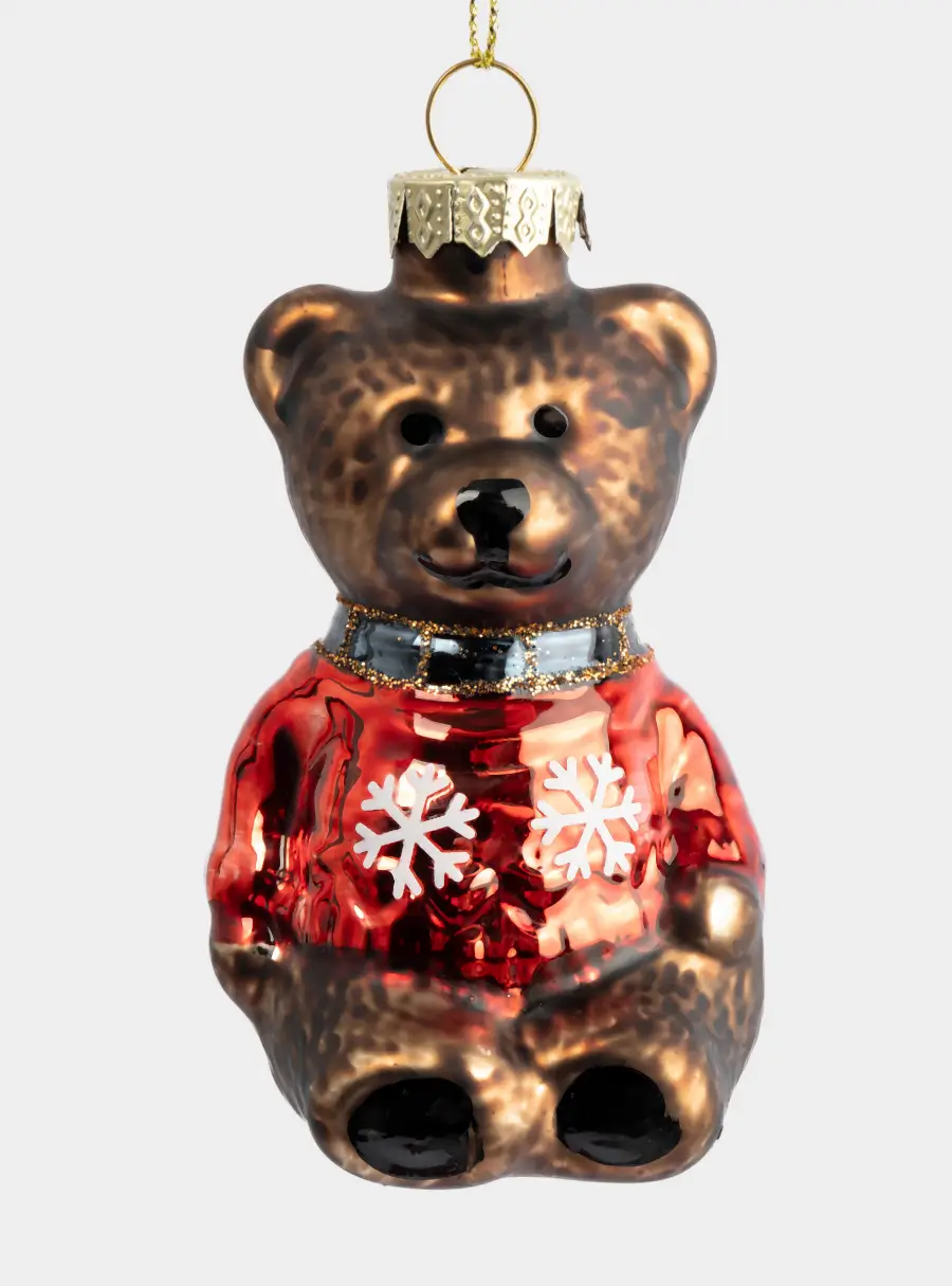 Игрушка елочная, 5х10 см, стекло, коричневая, Мишка в свитере, New year, image-0