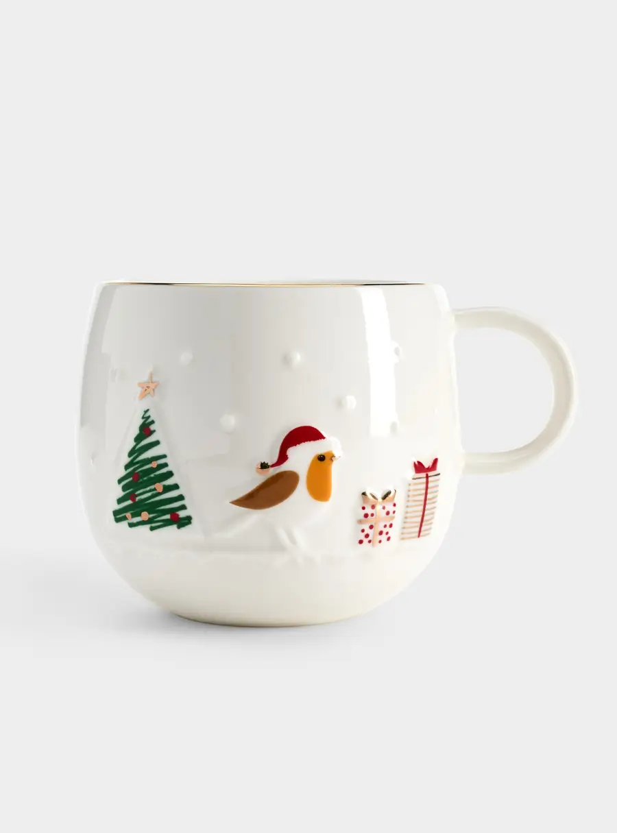 Кружка, 400 мл, фарфор P, белая, с золотым кантом, Птичка, Let It Snow ,image-1