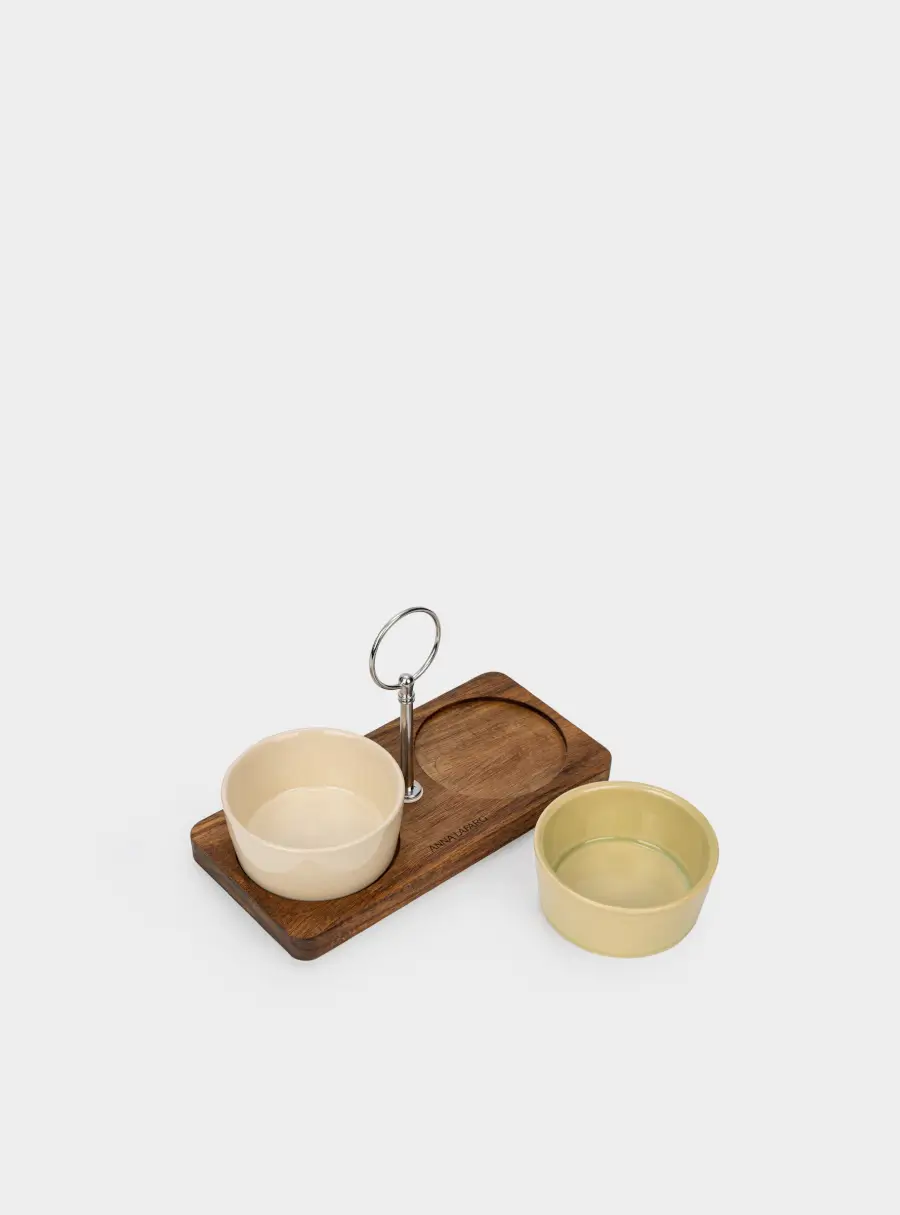 Набор для закусок, 2 пр, на подставке, с ручкой, керамика K/дерево, молочный/зеленый, Timber ,image-2