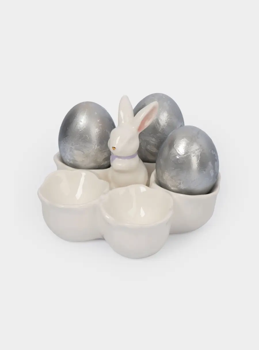 Блюдо пасхальное, 12х9 см, 5 отд, керамика, молочно-золотистое, Кролик в цветах, White Rabbit, image-6