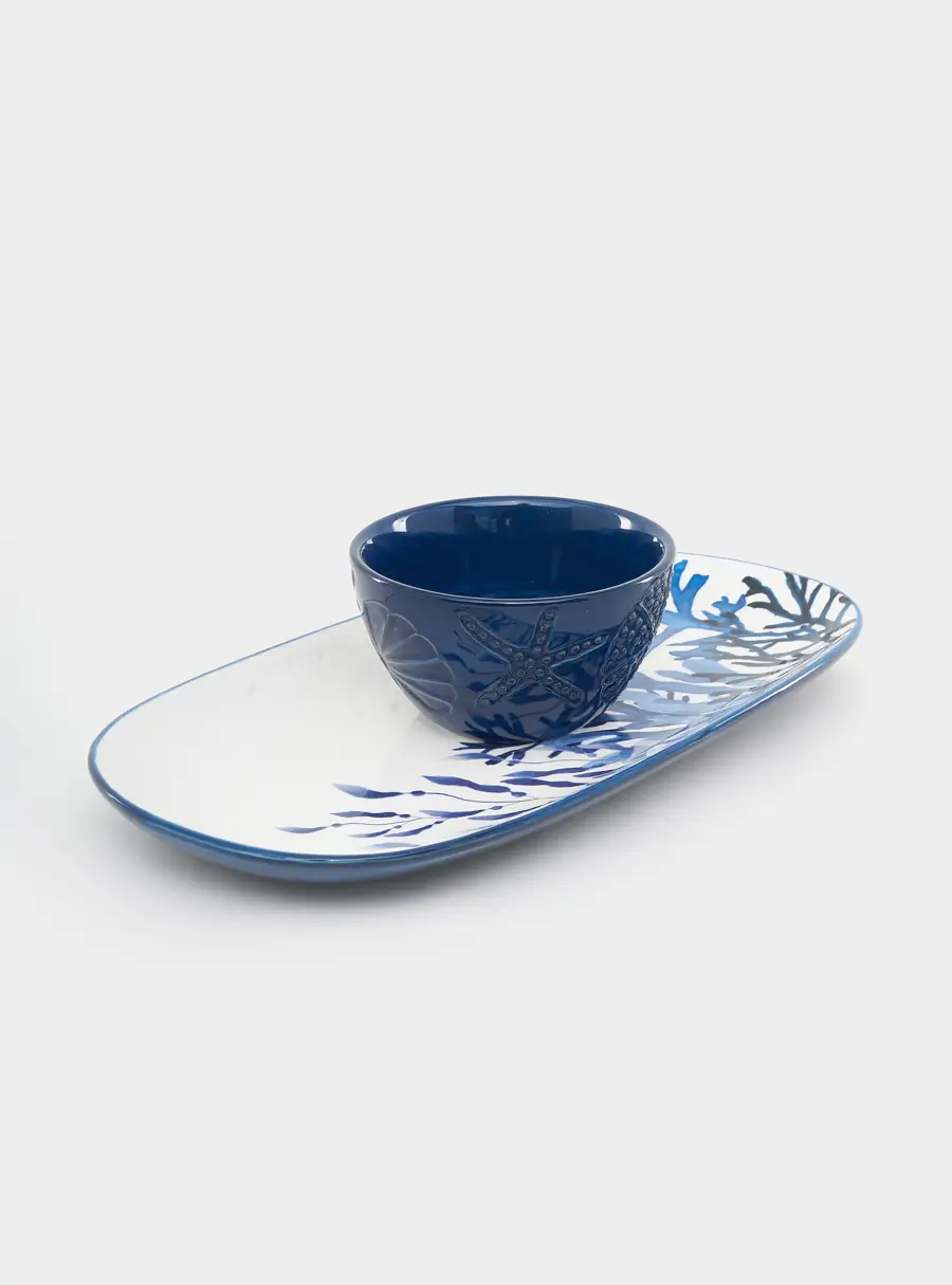 Набор, 2 пр, блюдо/салатник, керамика К, белое/синий, Синие кораллы, Blue Coral ,image-0