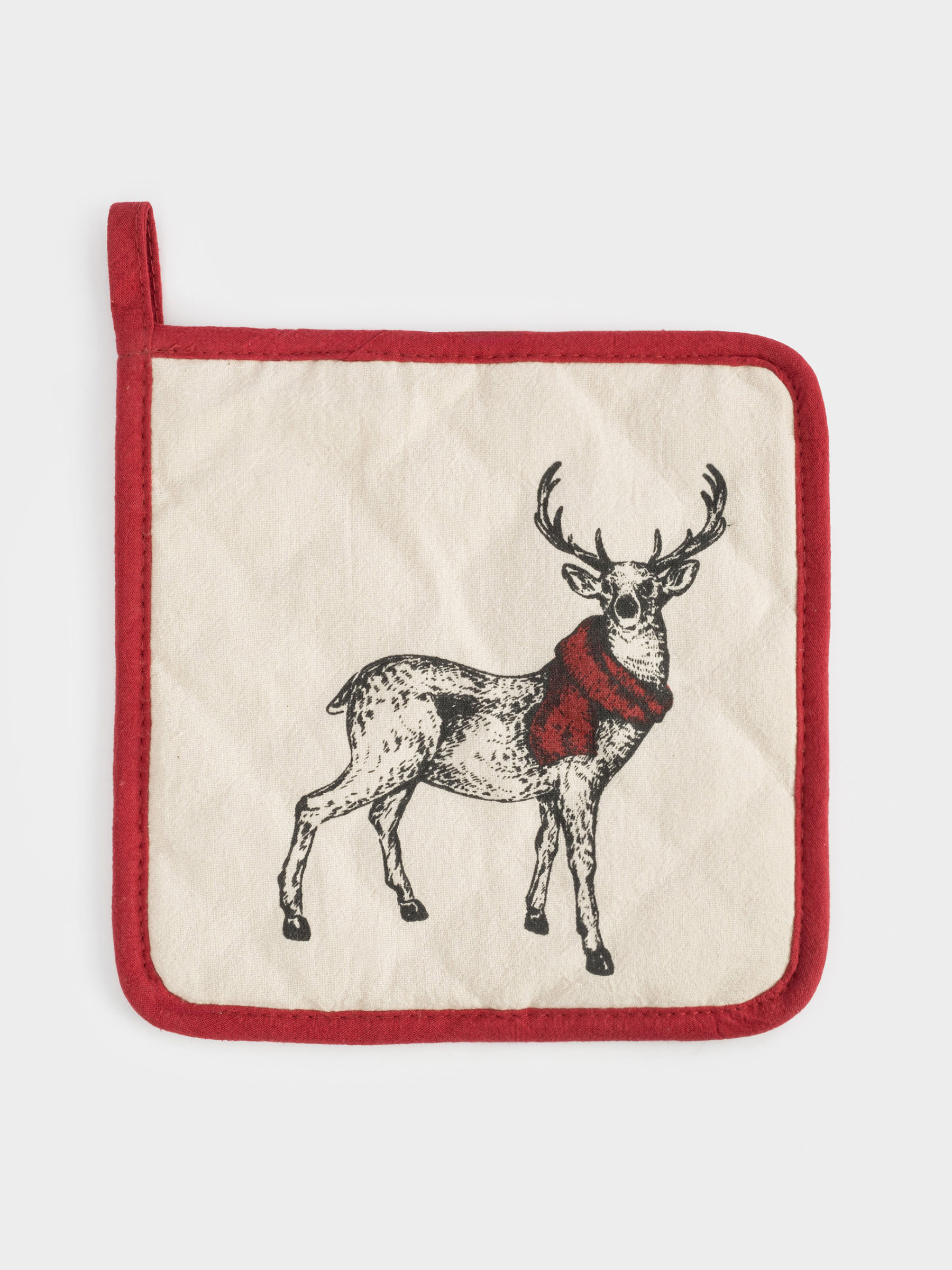 Прихватка, 20x20 см, хлопок, серо-бежевая, Олень в шарфе, Deer, image-0
