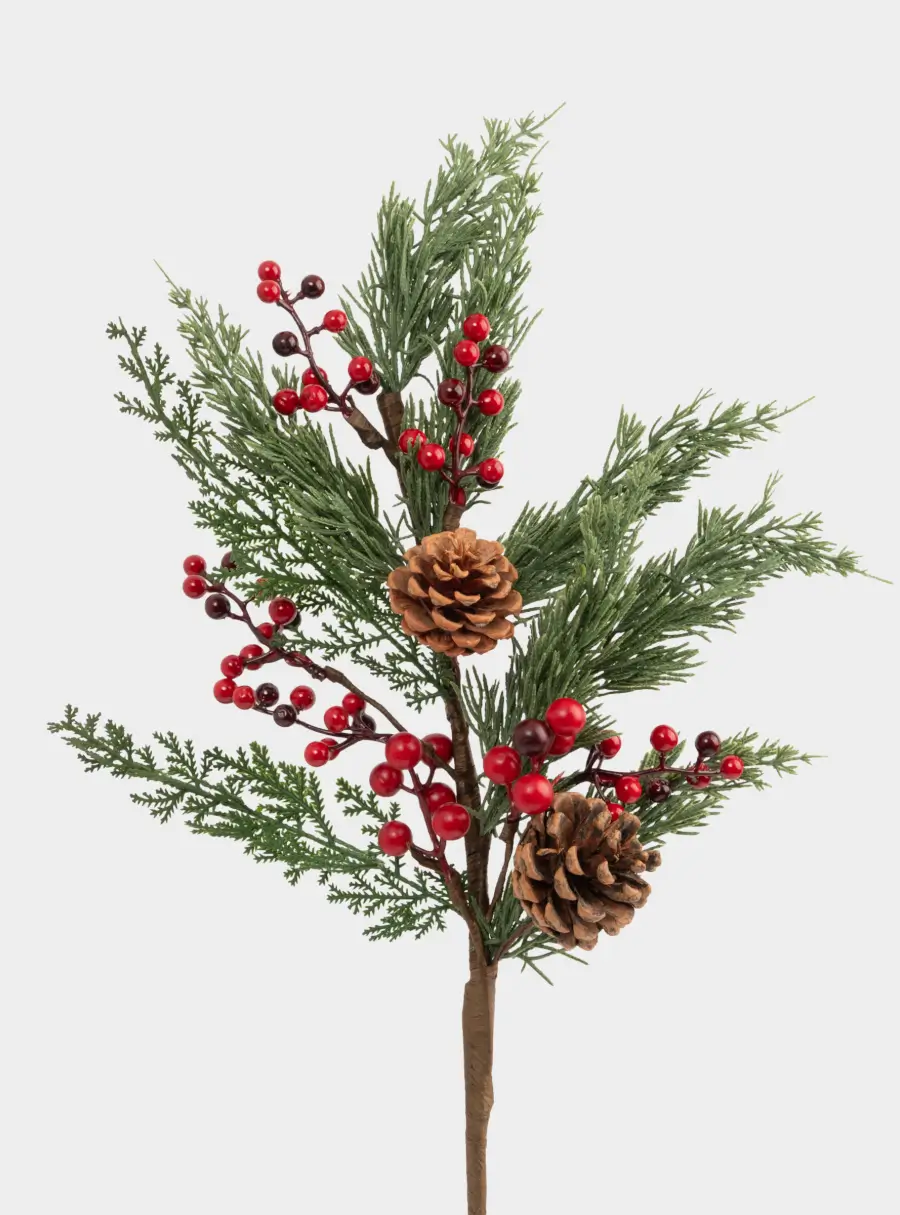 Ветка декоративная, 73 см, пластик/пенопласт, Шишки и красные ягоды, Interior natural ,image-1