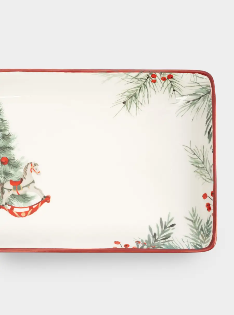Блюдо, 34х13 см, доломитовая керамика, прямоугольное, красная, Лошадка у елки, Festival ,image-3