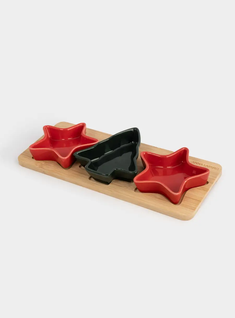 Набор для закусок, 3 пр, на подставке, керамика/бамбук, красно-зеленый, Елка и звезды, New year ,image-3
