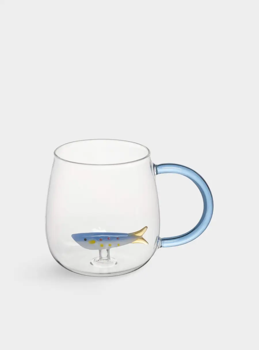 Кружка, 400 мл, стекло Б, голубая ручка, Рыбка, Sea world ,image-1