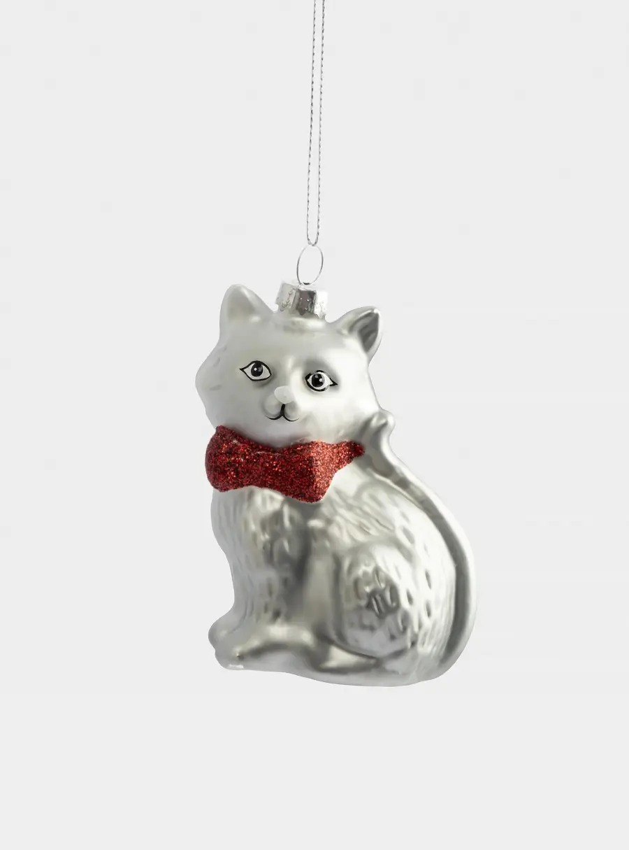 Игрушка елочная, 7х9 см, стекло, серебристая, Кошка, New year, image-0