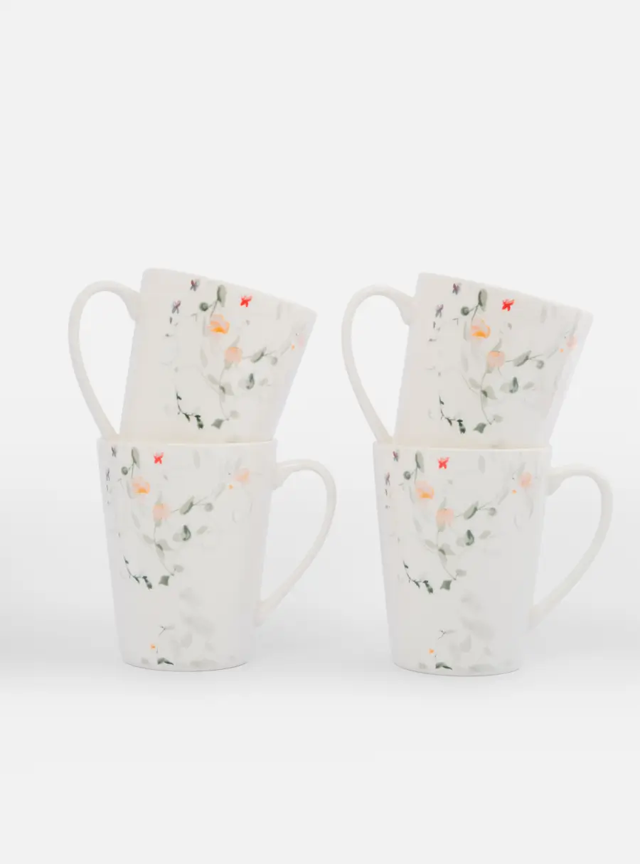 Кружка, 420 мл, 4 шт, фарфор N, белая, Цветы и листья, Primrose ,image-0